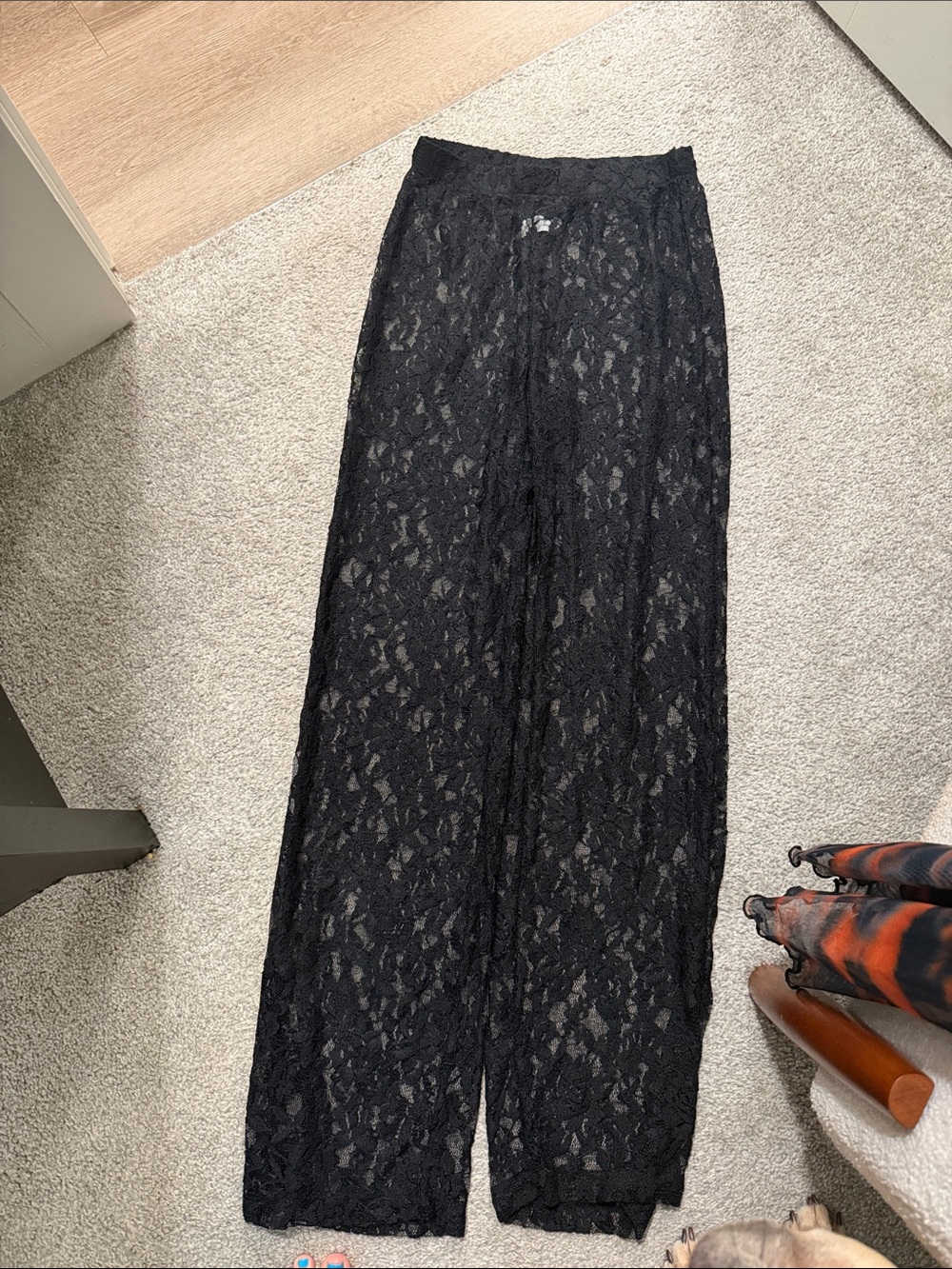 Amazon Black Lace Wide-Leg Pants with Sheer Overlay